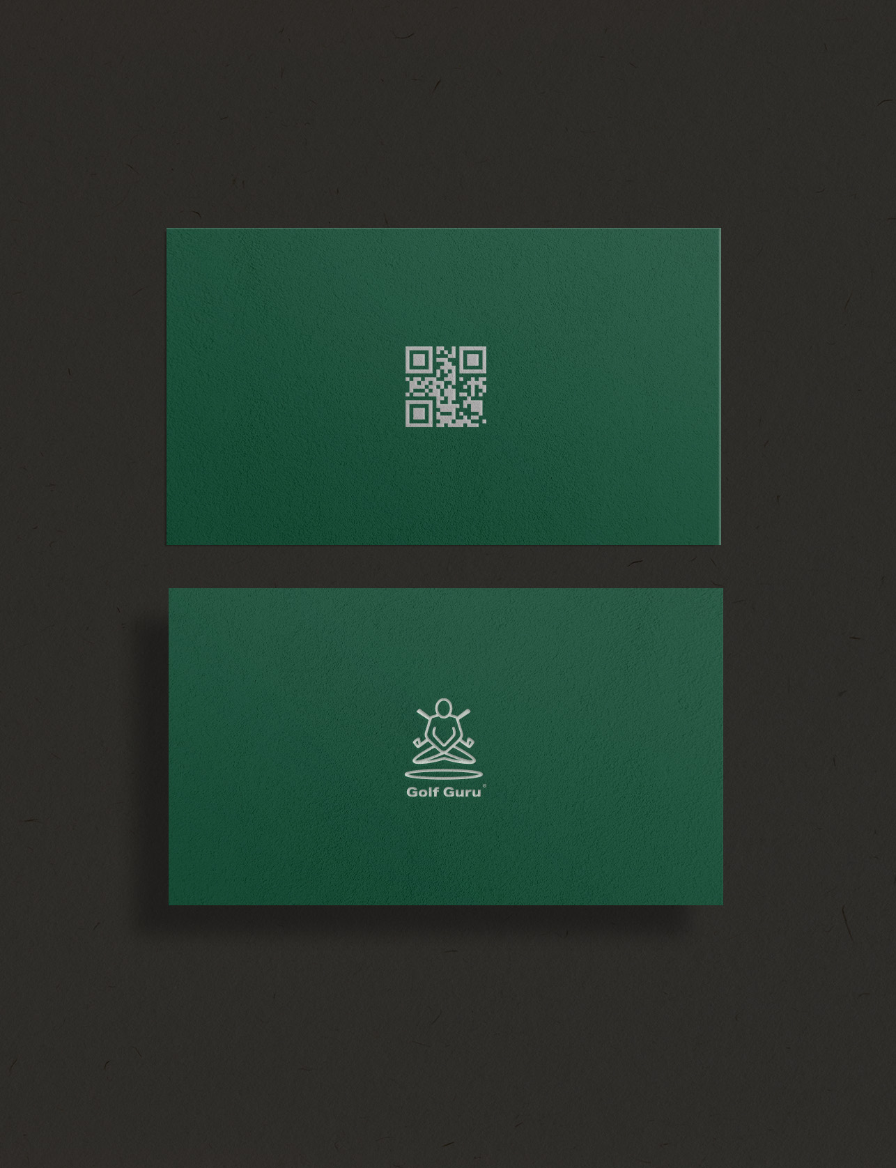 Embossed Guru Green business cards, mark on one face and QR on the other