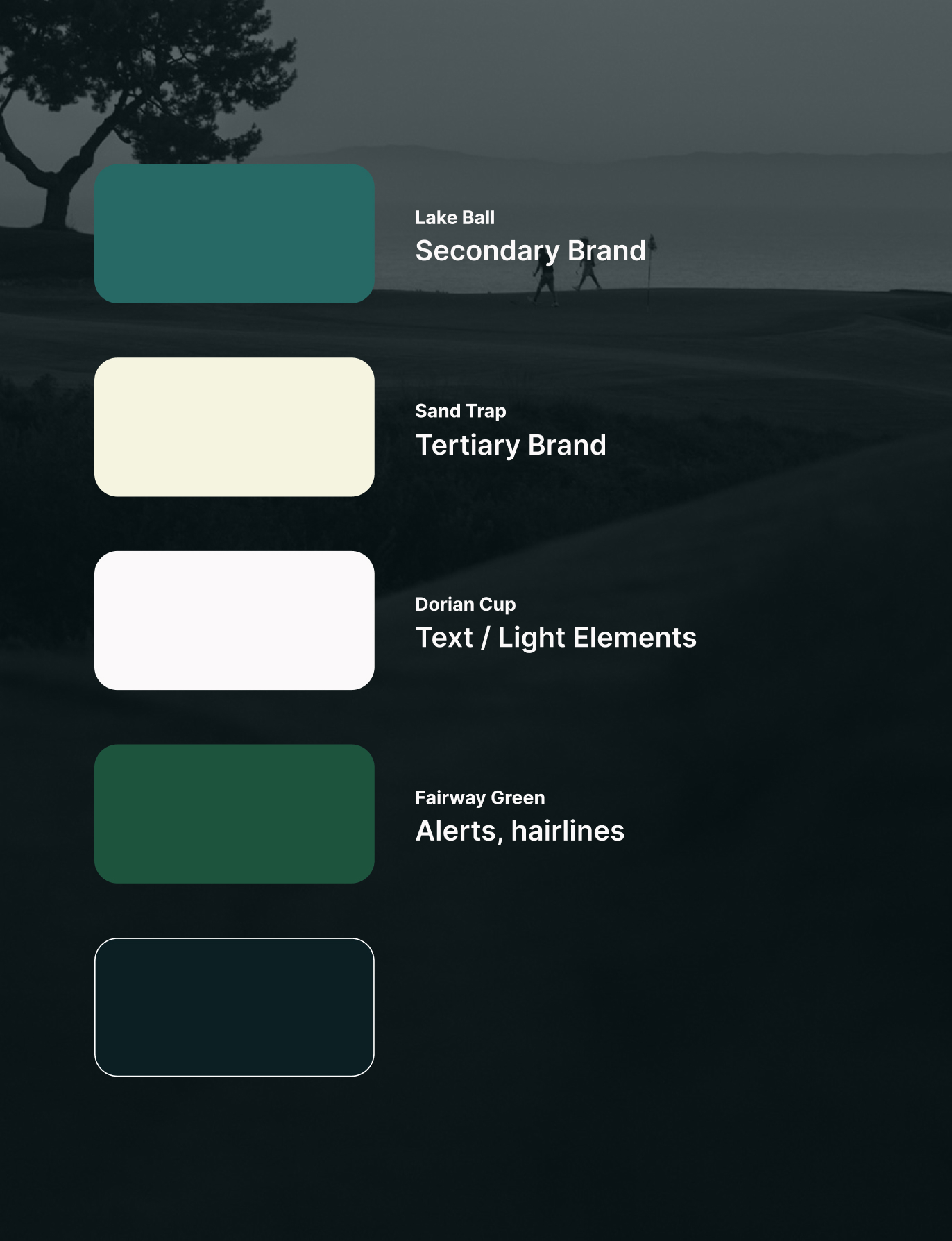 Brand palette — Lake Ball, Sand Trap, Dorian Cup and Fairway Green over dusk course photography
