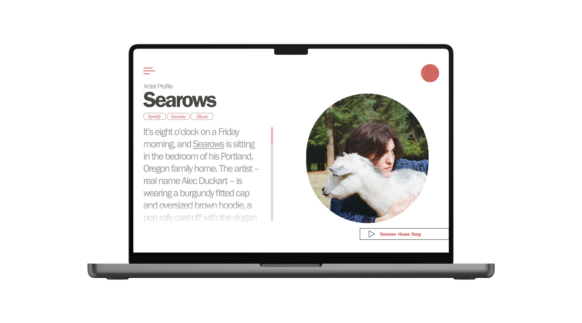 Searows artist profile on a laptop — editorial two-column layout with circular photography and a pinned player