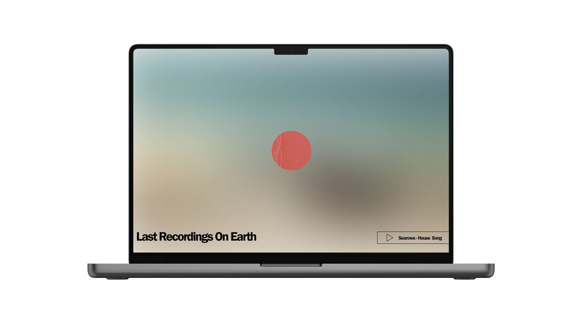 LORE splash page on a laptop — a blurred coastal gradient with the red dot pressed on like a sticker and a Searows track pinned in the player