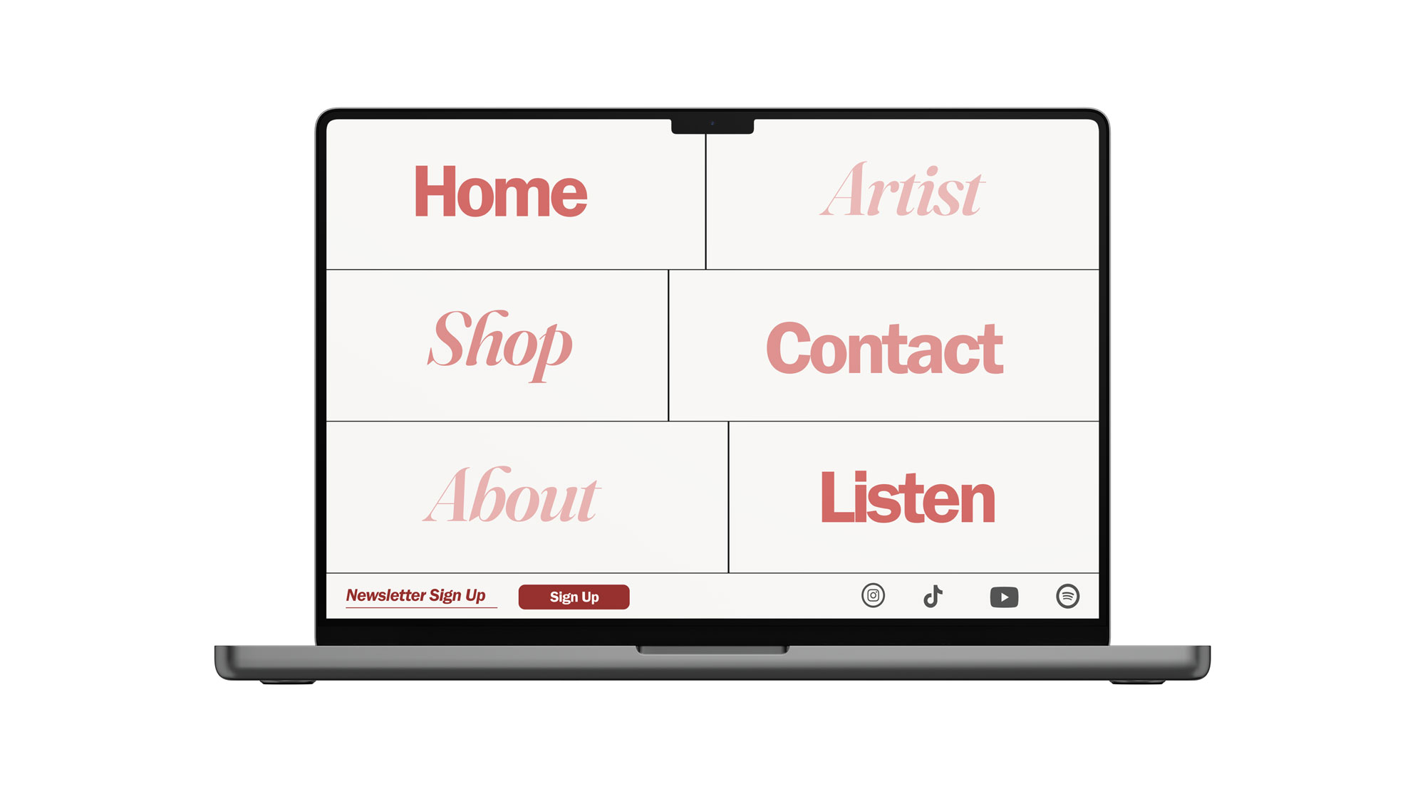 The editorial table navigation in the label's red — the same grid, warmer voice