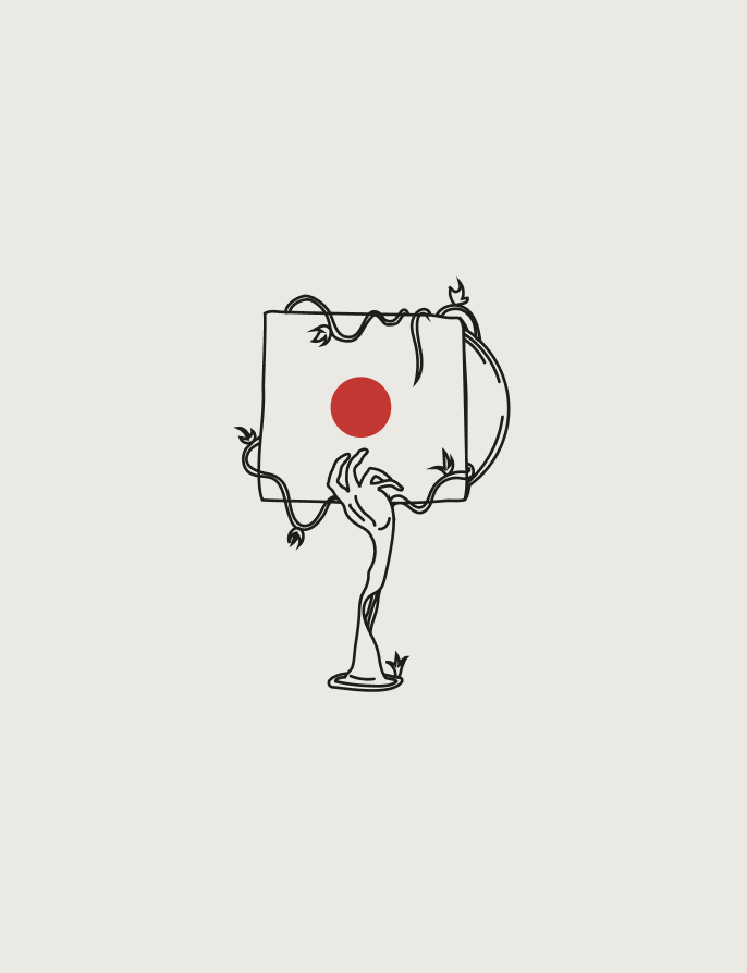 Animated line-drawn stamp — a hand grown from vines holds a record sleeve marked with the red dot
