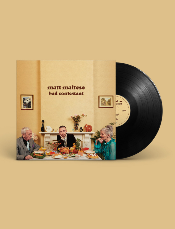 Bad Contestant vinyl packshot — the dinner-table artwork on a warm yellow ground