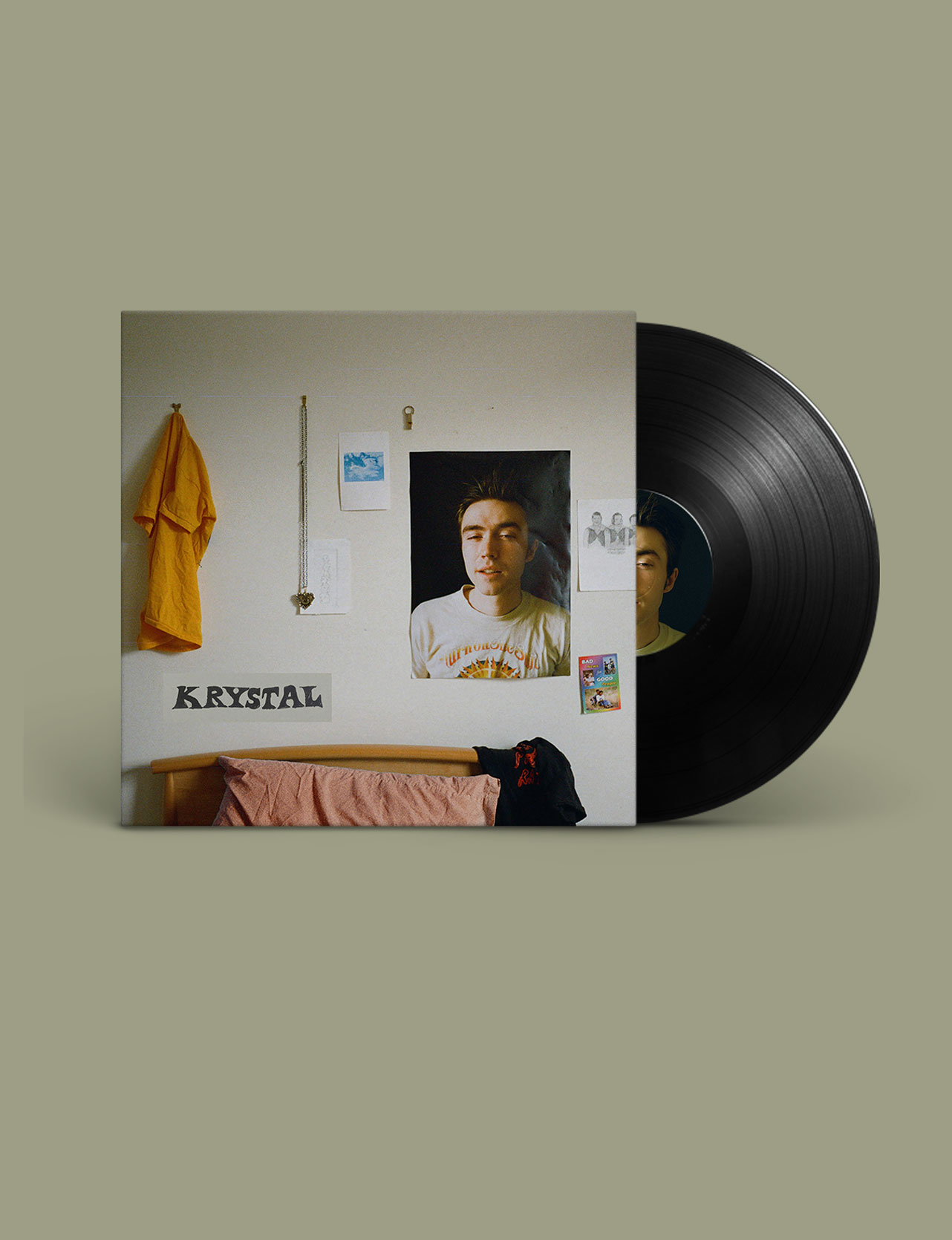 Krystal vinyl packshot — bedroom-wall artwork on a sage ground