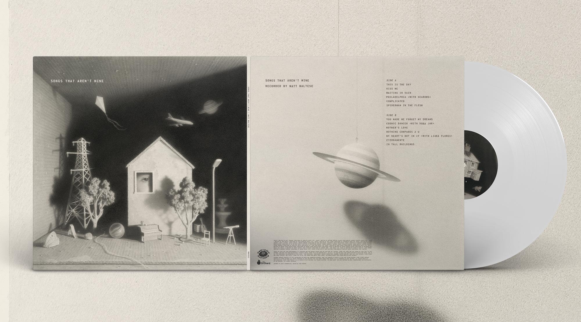 Songs That Aren't Mine gatefold — front and back sleeve laid flat with the white vinyl