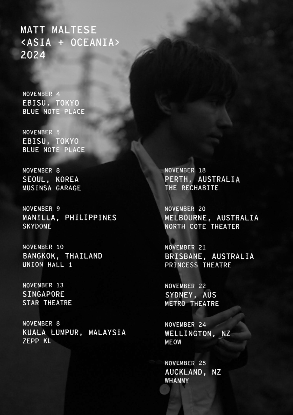 Asia and Oceania 2024 tour poster — mono type over a dusk portrait
