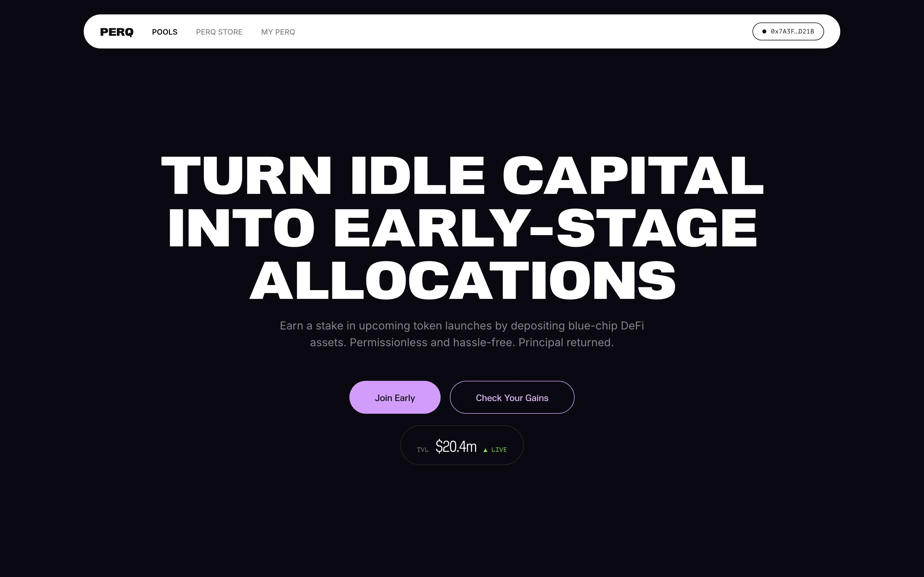PERQ landing — Turn idle capital into early-stage allocations, live TVL ticker, join early